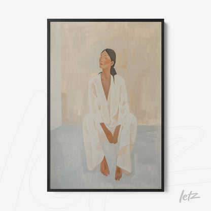 minimalist wall art featuring a seated woman in light clothing with a black frame