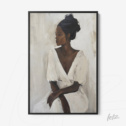 framed artwork depicting a dark-skinned woman in a white dress against a light background