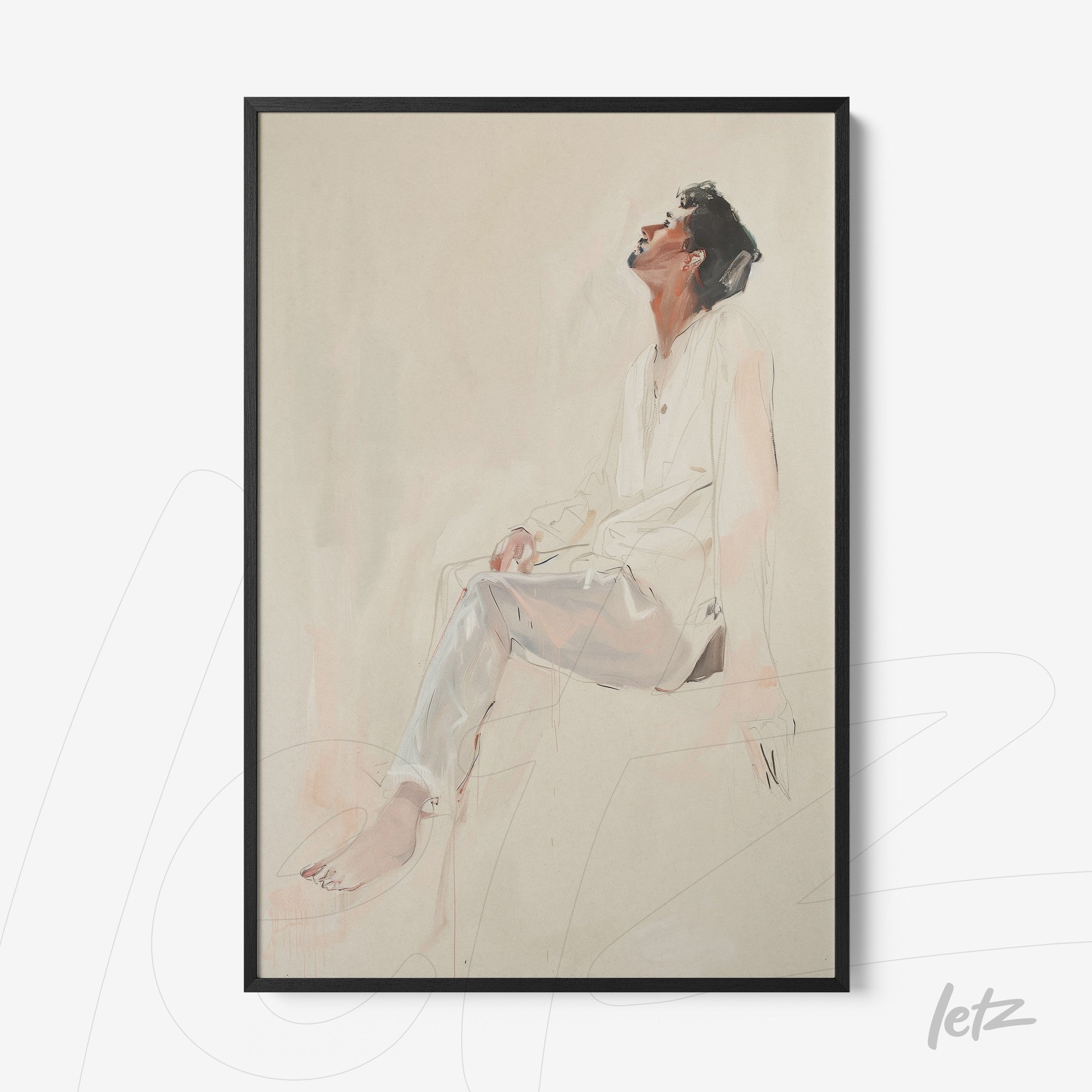 framed figurative artwork of a seated person in a contemplative pose with a black frame