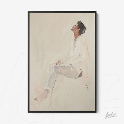 framed figurative artwork of a seated person in a contemplative pose with a black frame
