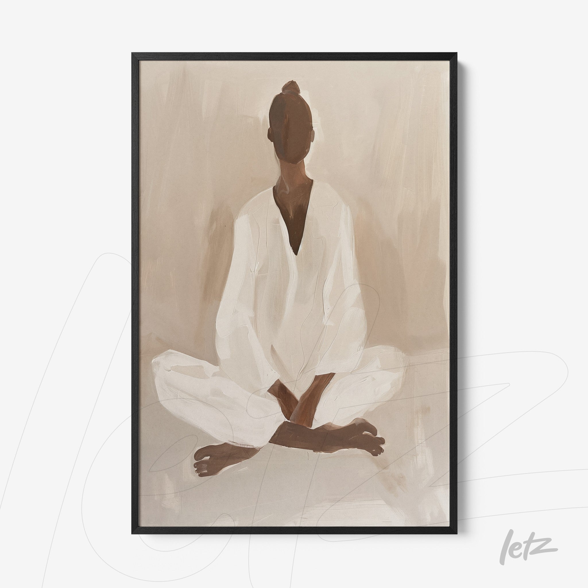 abstract art print of a seated female figure in white clothing against a soft beige background with a black frame