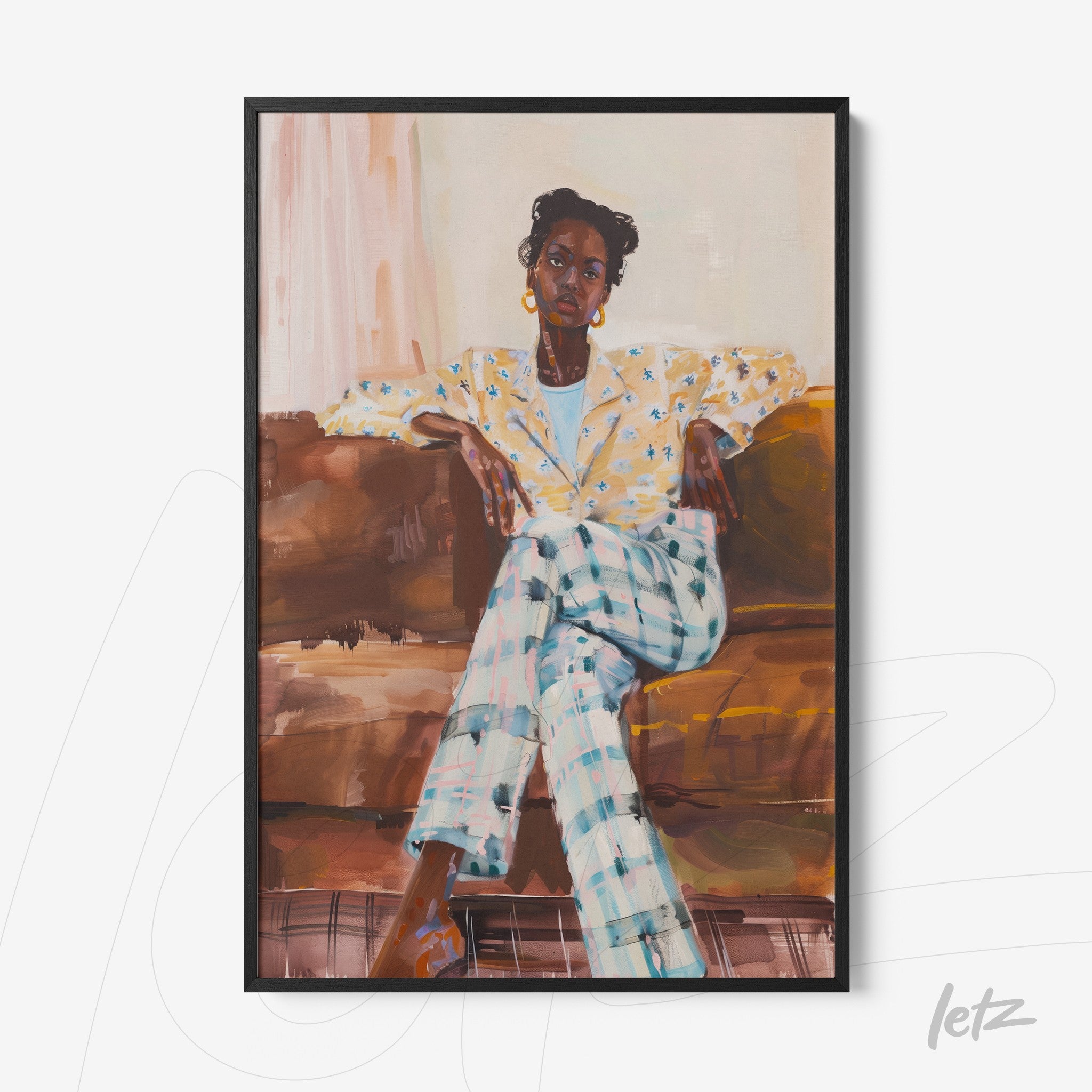 framed wall art featuring a seated woman on a sofa, dressed in a yellow floral blazer and blue and white striped pants