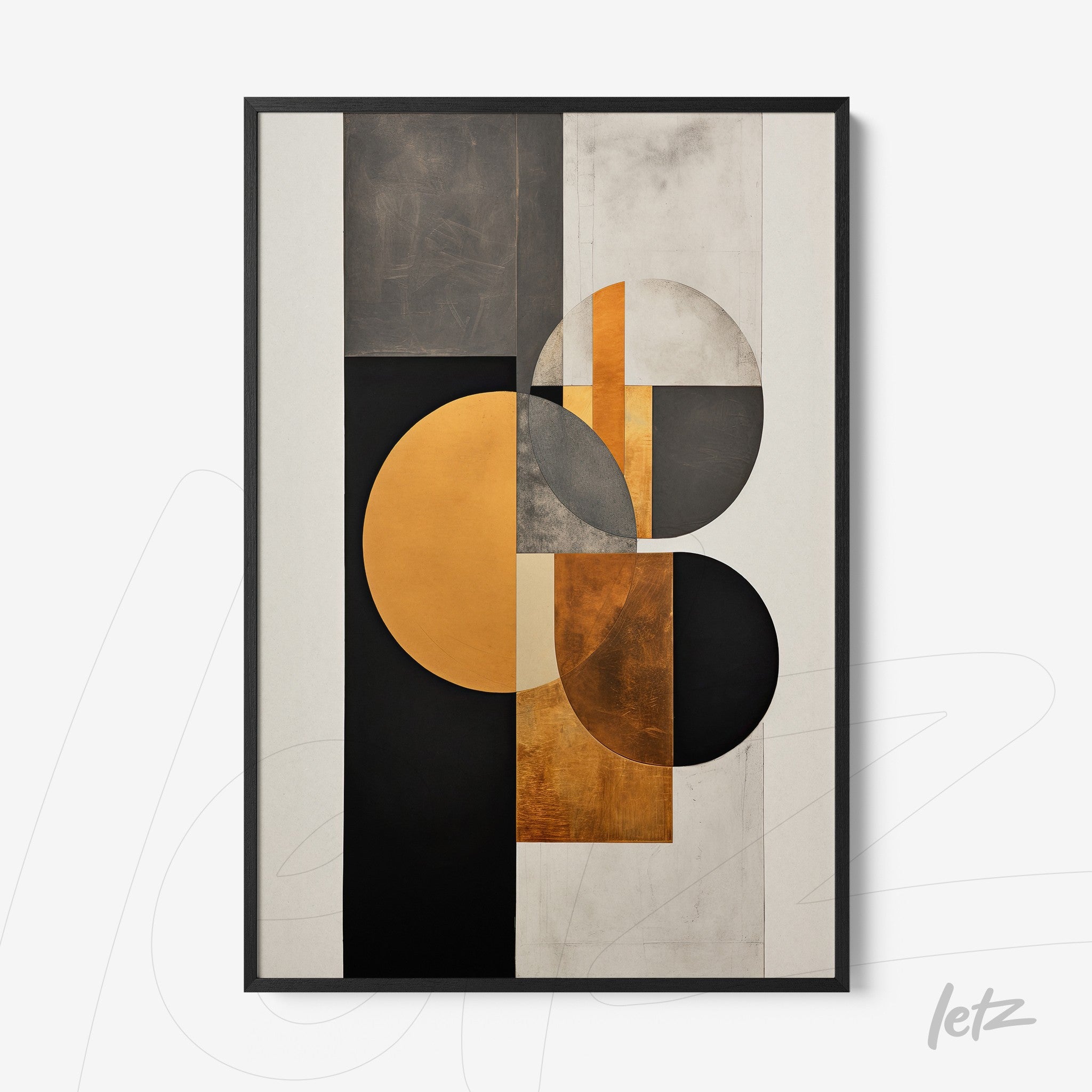 abstract wall art featuring geometric shapes in black, gray, and gold with a black frame