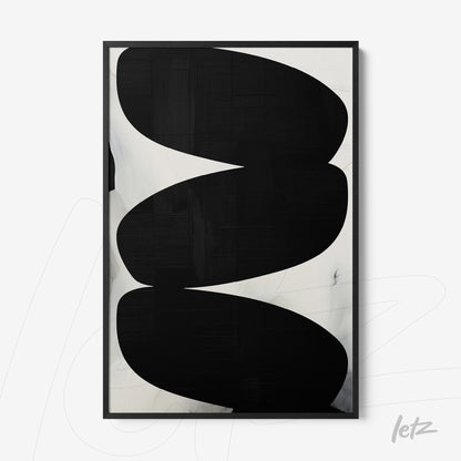 framed abstract wall art in black and white featuring wavy shapes with a thin black frame