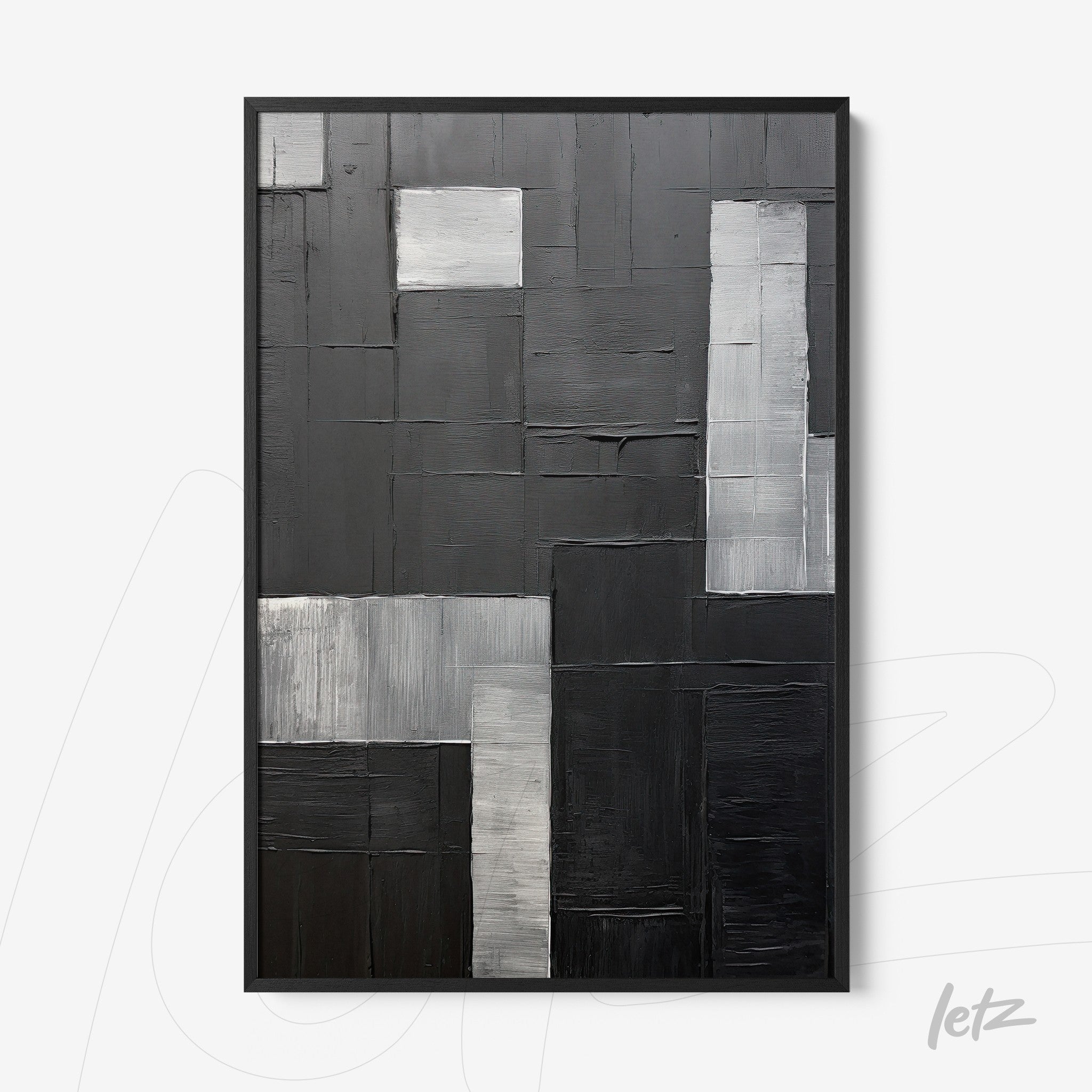 abstract artwork in shades of black and gray with geometric texture in black frame