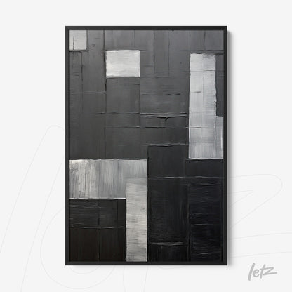 abstract artwork in shades of black and gray with geometric texture in black frame
