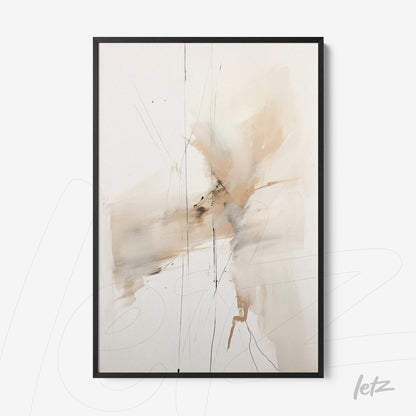 abstract artwork in neutral tones featuring fine lines and textures under a black frame