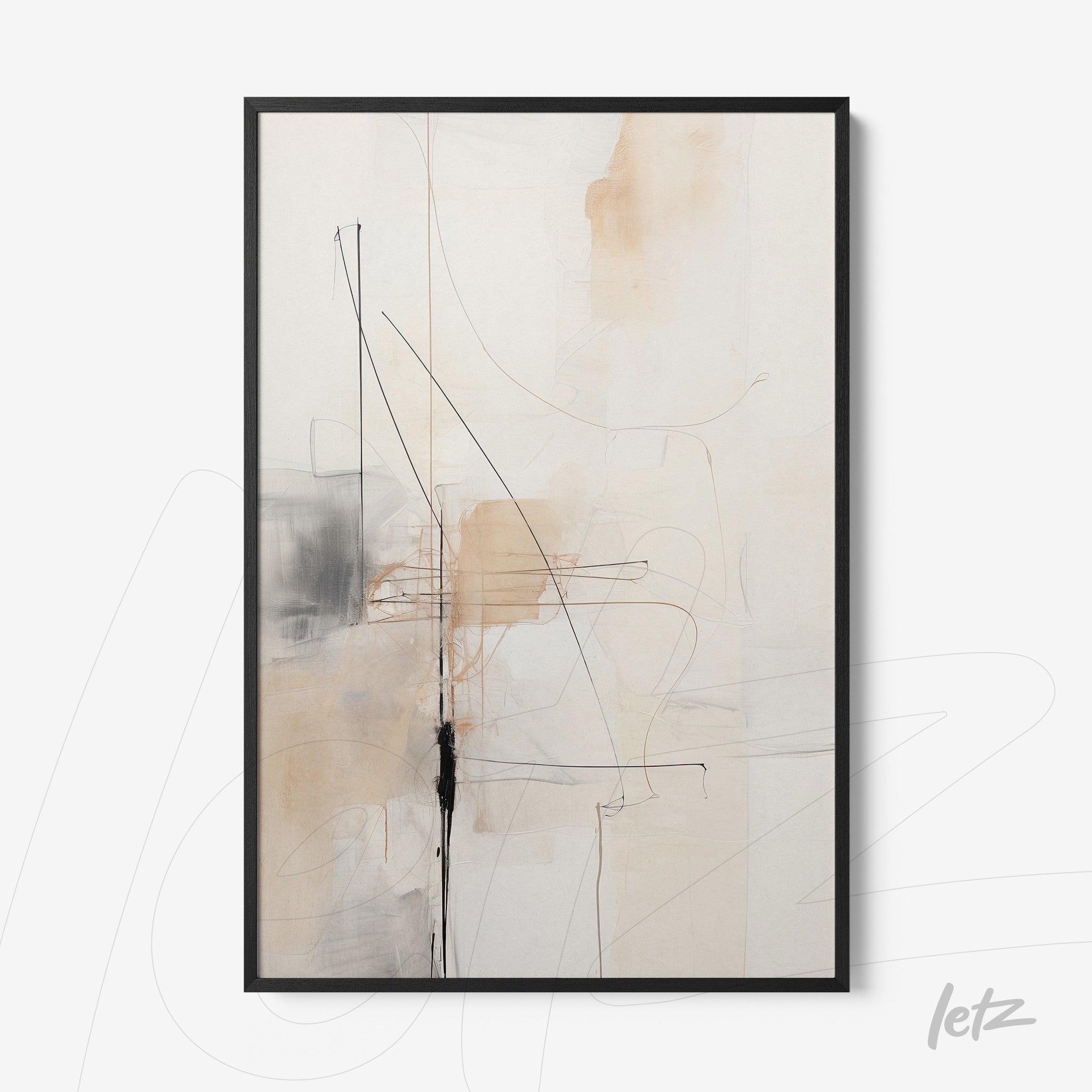 abstract artwork in black frame featuring minimalist lines in neutral tones with black accents