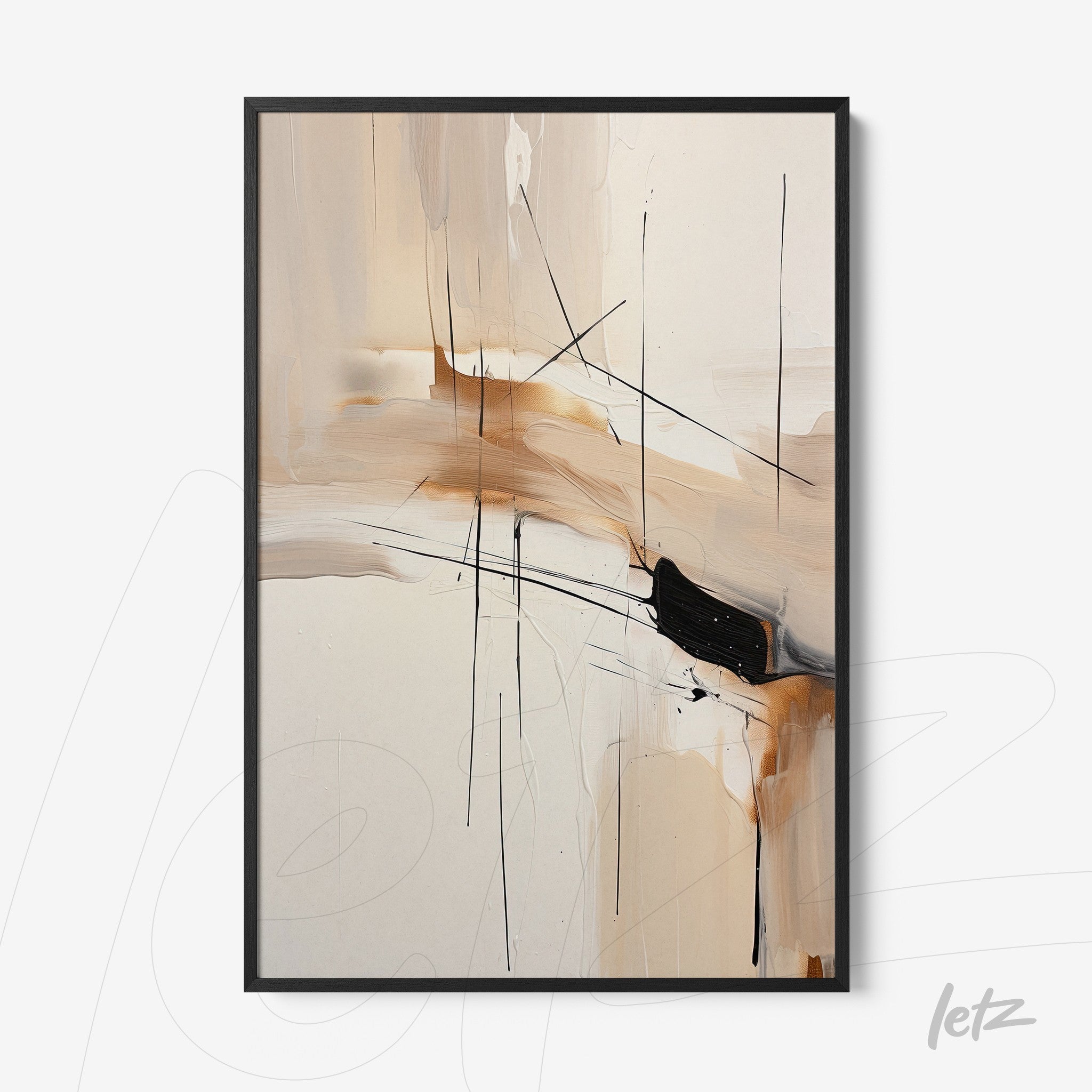 abstract wall art featuring black lines and earthy tones, in a black frame