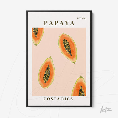 framed artwork featuring illustrations of papaya slices on light pink background with black frame