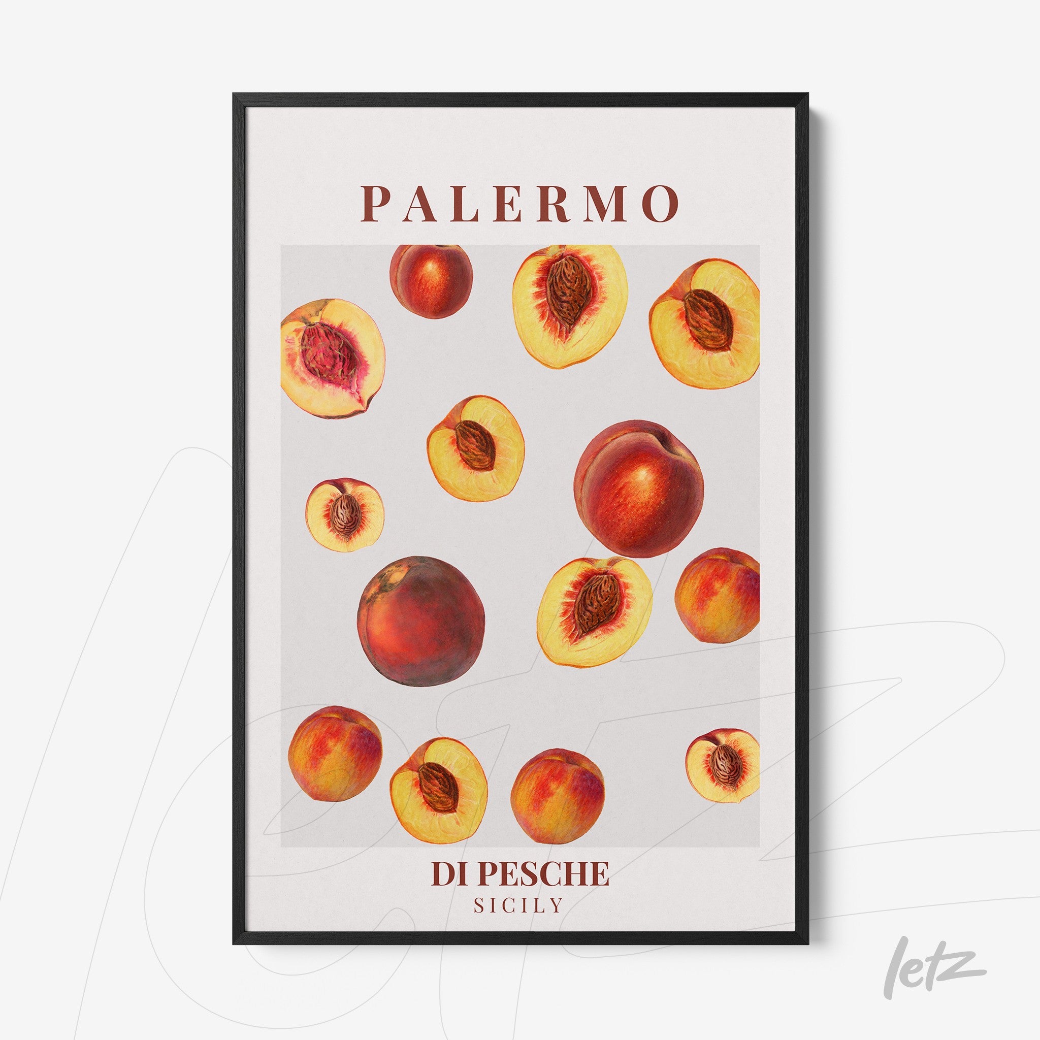 framed wall art featuring peaches with a light gray background and red text