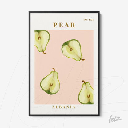 framed wall art featuring pear illustrations on a pink background with gold accents