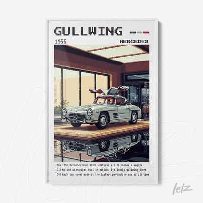 pixel art framed print of 1955 Mercedes-Benz 300SL Gullwing with white frame