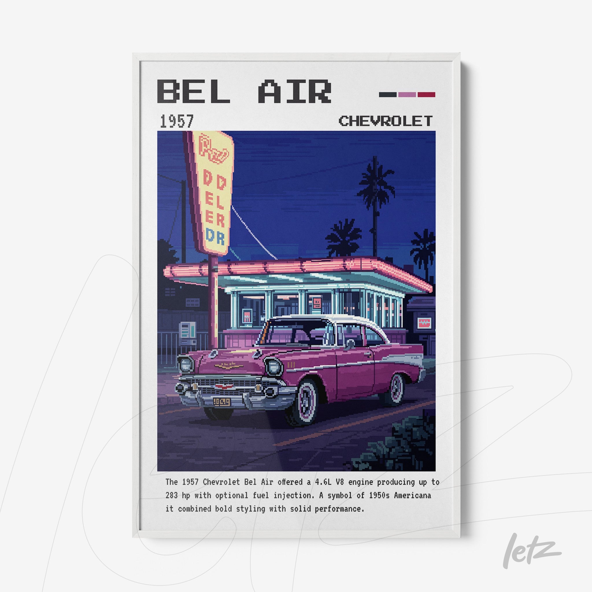 framed retro art depicting a 1957 Chevrolet Bel Air in front of a brightly lit diner at night with palm trees in the background
