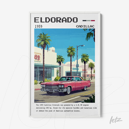 pixel art print of a 1959 Cadillac Eldorado with palm trees and buildings in the background
