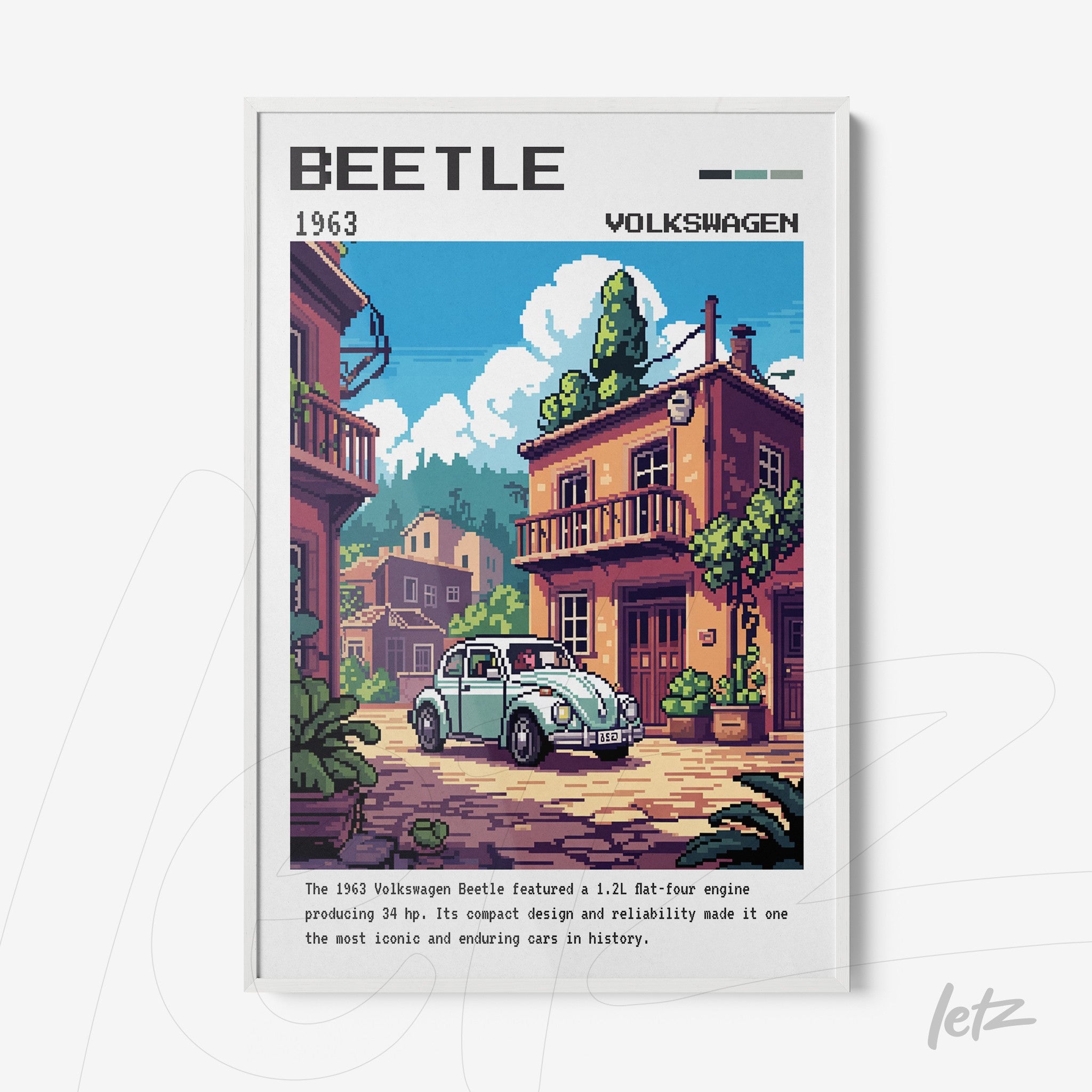 pixel art of 1963 Volkswagen Beetle framed in white