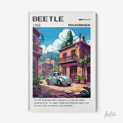 pixel art of 1963 Volkswagen Beetle framed in white