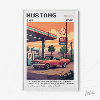 framed digital art of a red 1960s Ford Mustang in pixel art style, retro gas station background with vintage details