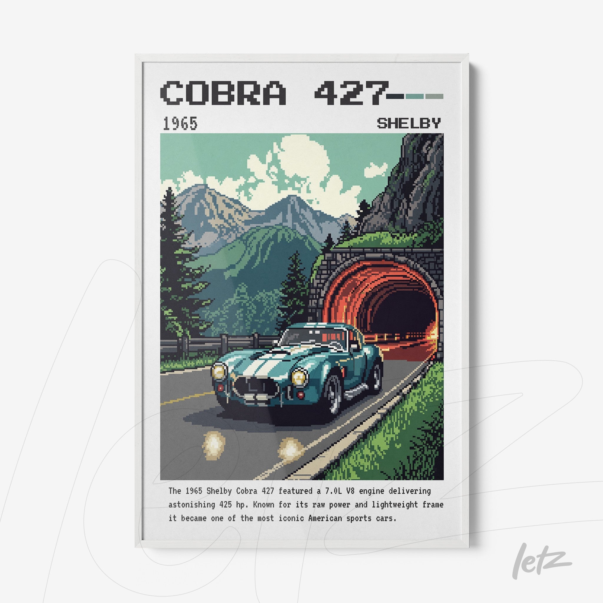 retro style wall art of the shelby cobra 427 car in white frame with mountains and tunnel background