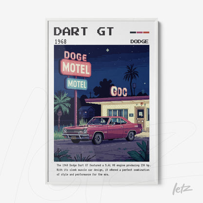 pixel art depiction of a 1968 Dodge Dart GT parked in front of a vintage motel with illuminated signage