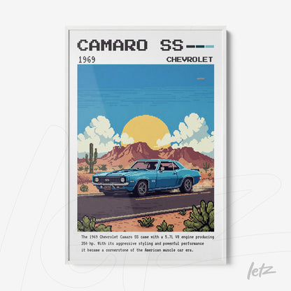 framed wall art featuring vintage style 1969 Camaro SS in a desert landscape with cacti