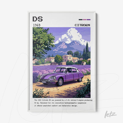 framed digital art featuring a purple Citroën DS car in a rural landscape with mountains in the background