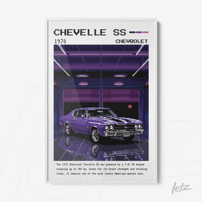 pixel art framed print of a 1970 Chevrolet Chevelle SS with a white frame