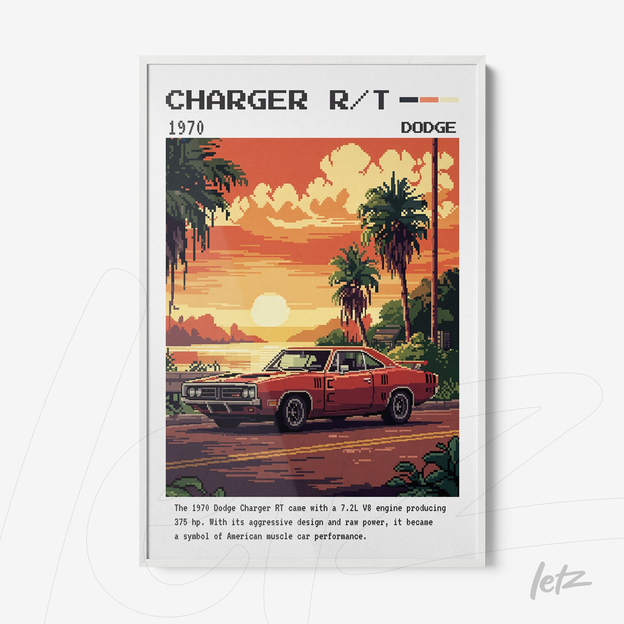 vintage style artwork featuring a 1970 Dodge Charger R/T with a tropical landscape background and white frame