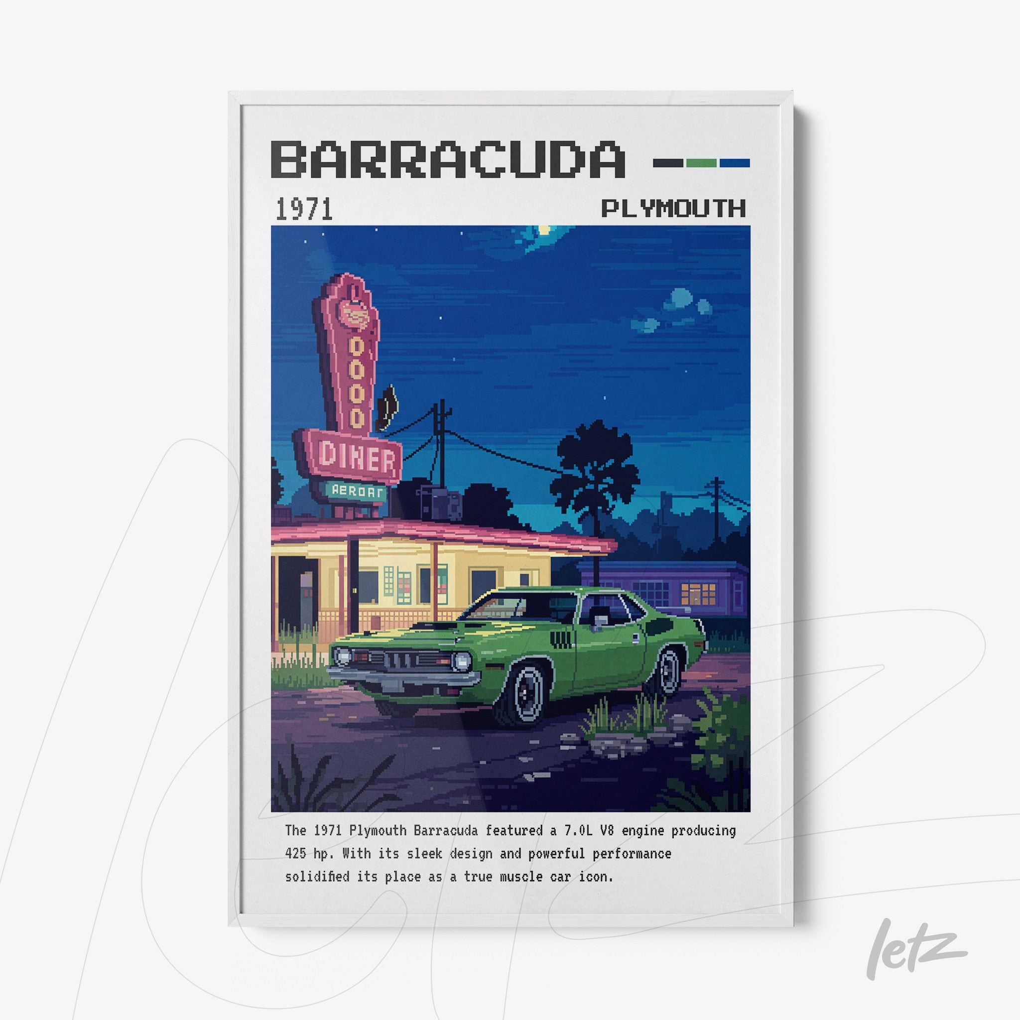 framed pixel art of a green Plymouth Barracuda in front of a retro diner illuminated by neon lights