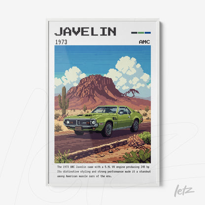 pixel art framed wall art of the AMC Javelin car against a desert backdrop with mountains in the background