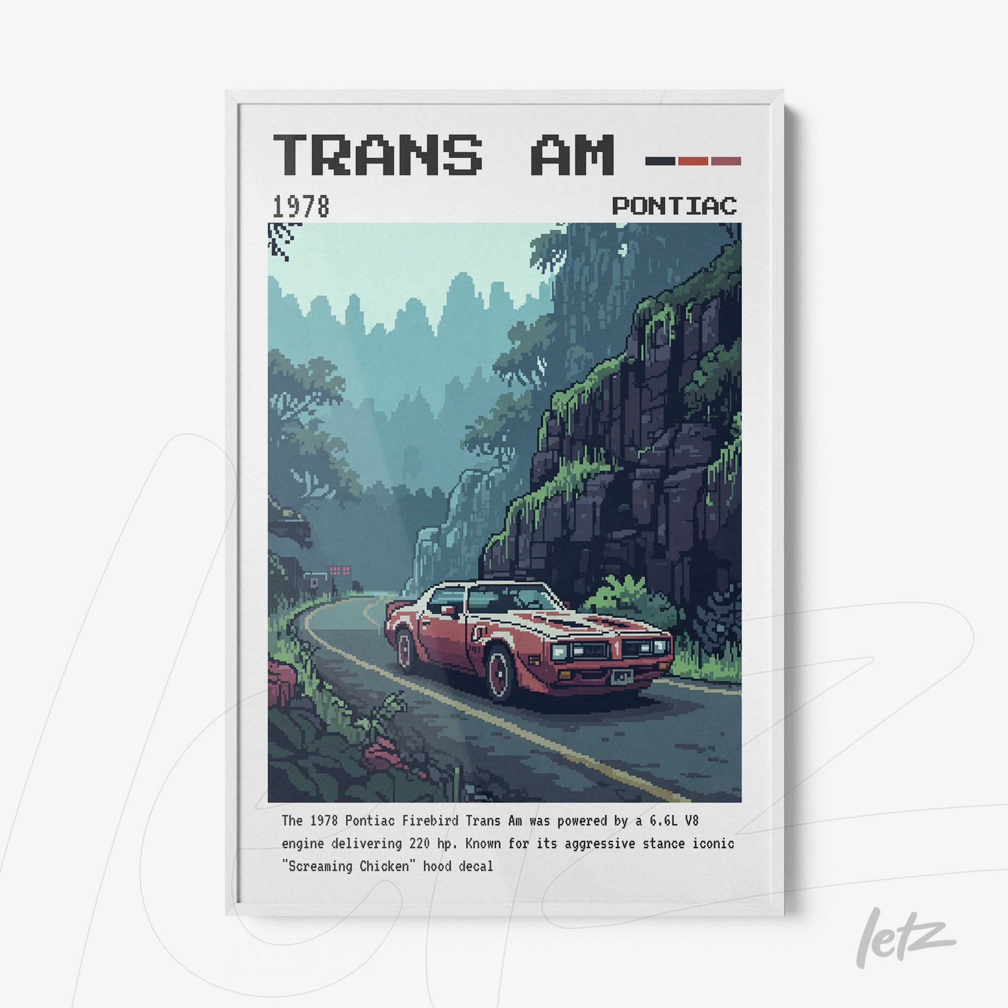 framed retro art of the 1978 Pontiac Trans Am in a white frame, showcasing the red car on a mountainous road