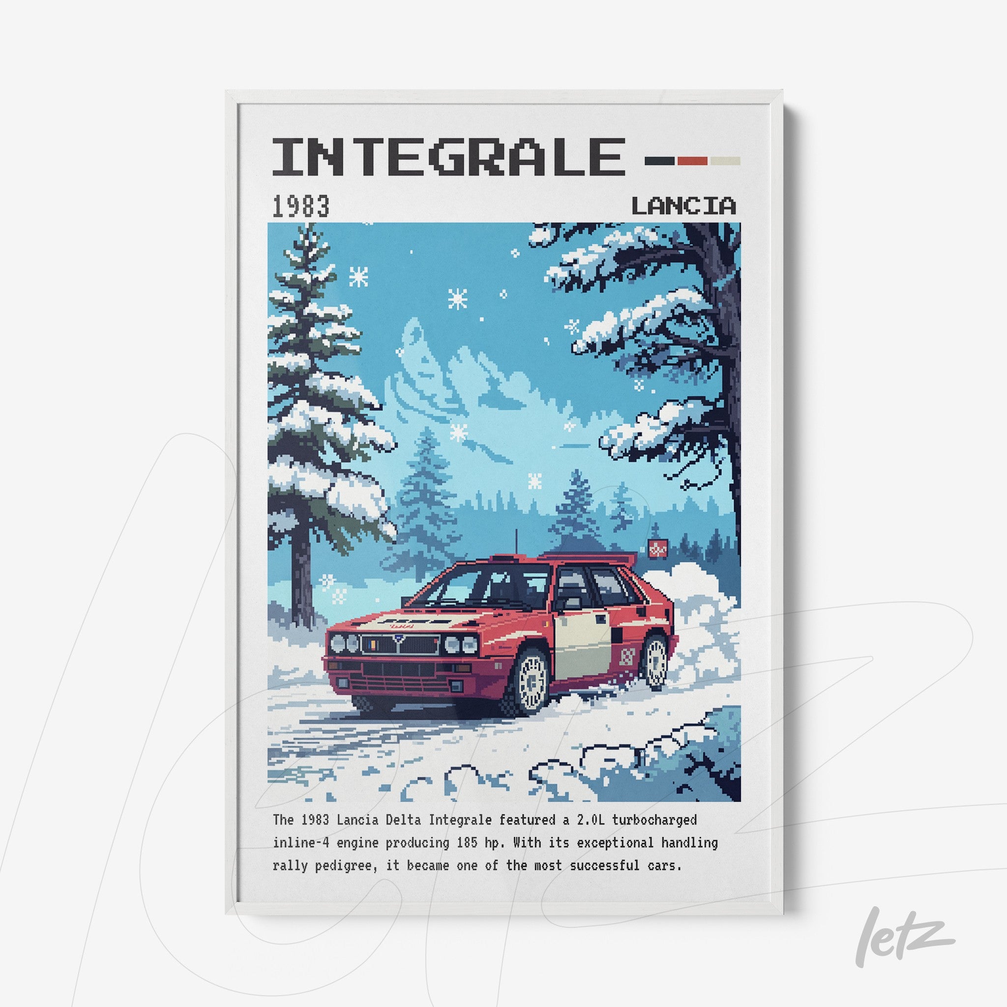 pixel art print of a Lancia Delta Integrale car in a winter snow landscape