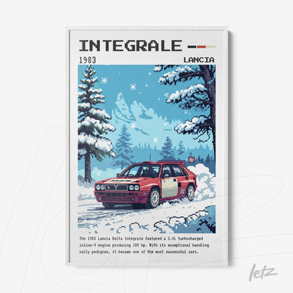 pixel art print of a Lancia Delta Integrale car in a winter snow landscape
