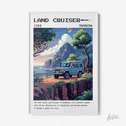 framed vintage illustration of the 1984 Toyota Land Cruiser with white frame