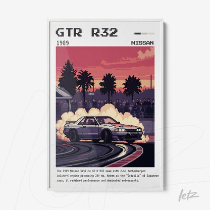 framed retro art of a Nissan Skyline GTR R32 on a racetrack, featuring smoke and spectators in the background