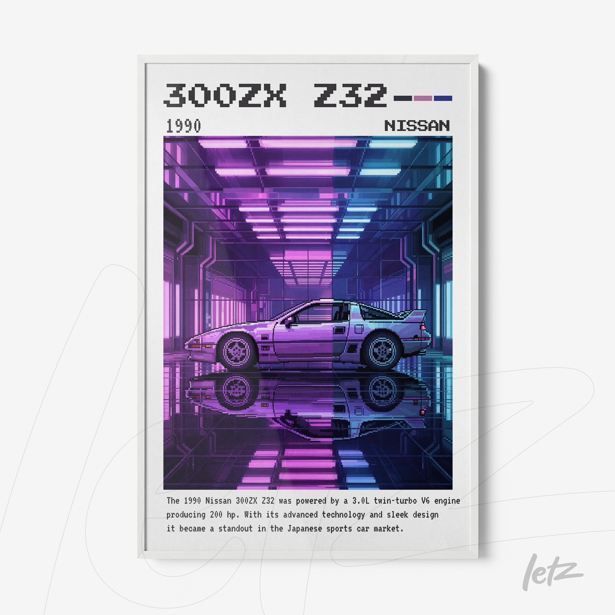 framed art featuring the retro Nissan 300ZX Z32 highlighted under purple and blue neon lights