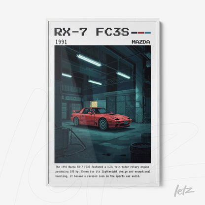 framed pixel art of a red Mazda RX-7 FC3S in a dimly lit garage setting