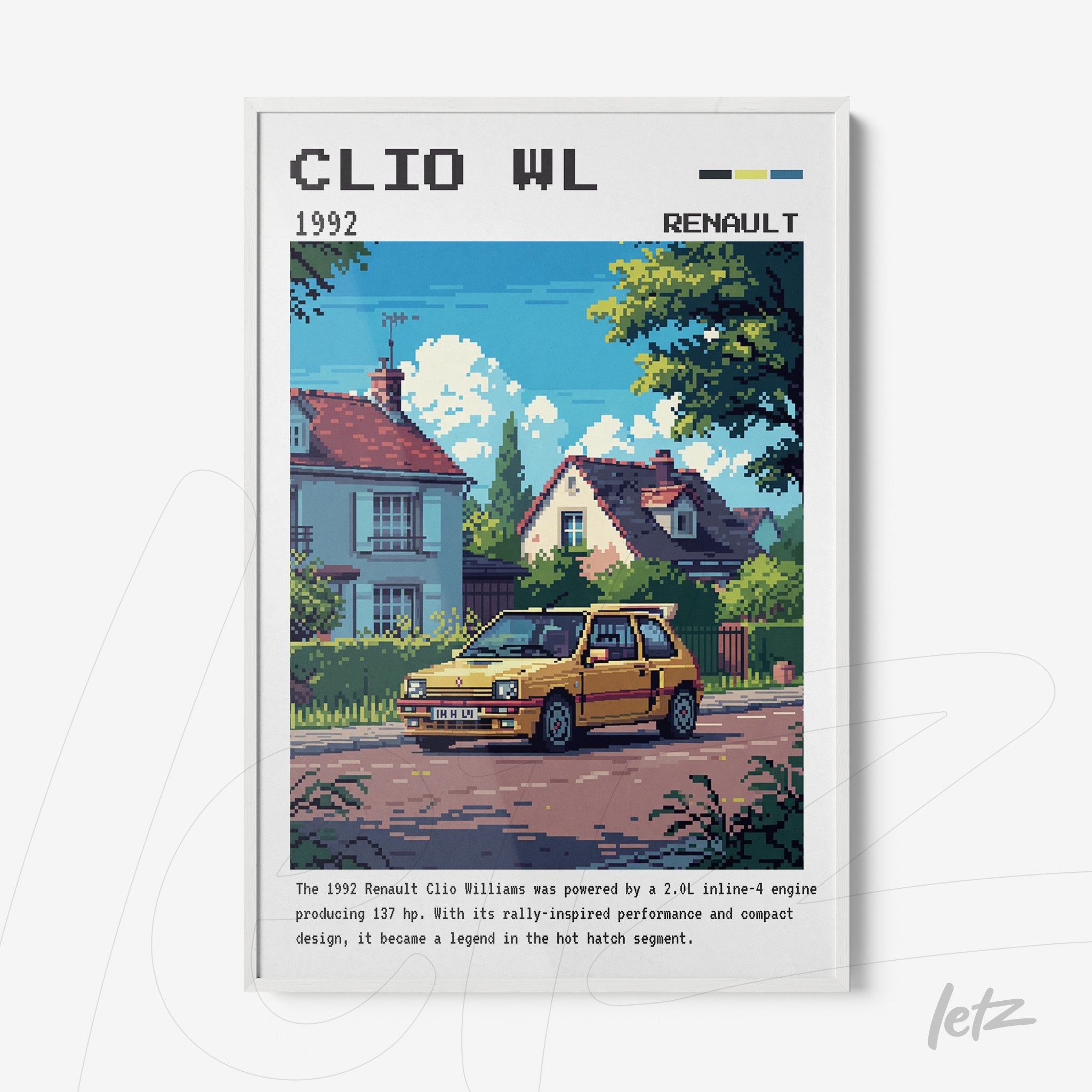 framed artwork featuring a pixelated illustration of a yellow Renault Clio Williams parked in front of a retro-style house with a garden