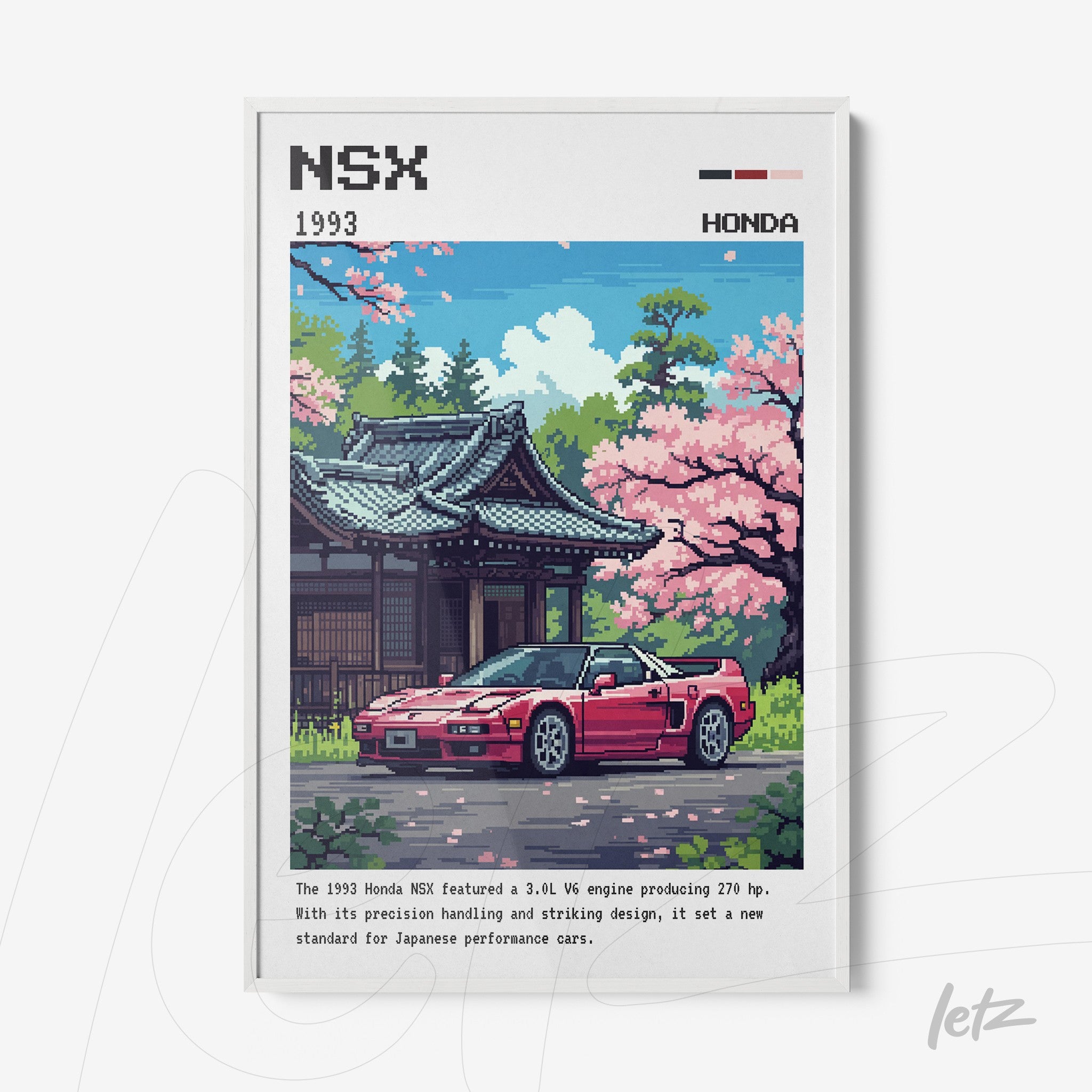 pixel art wall art of the 1993 Honda NSX, showcasing a Japanese house and blooming cherry trees in vibrant colors