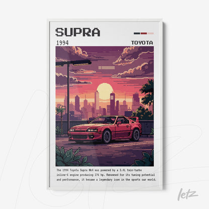 pixel art of a 1994 Toyota Supra in a white frame with an urban sunset background