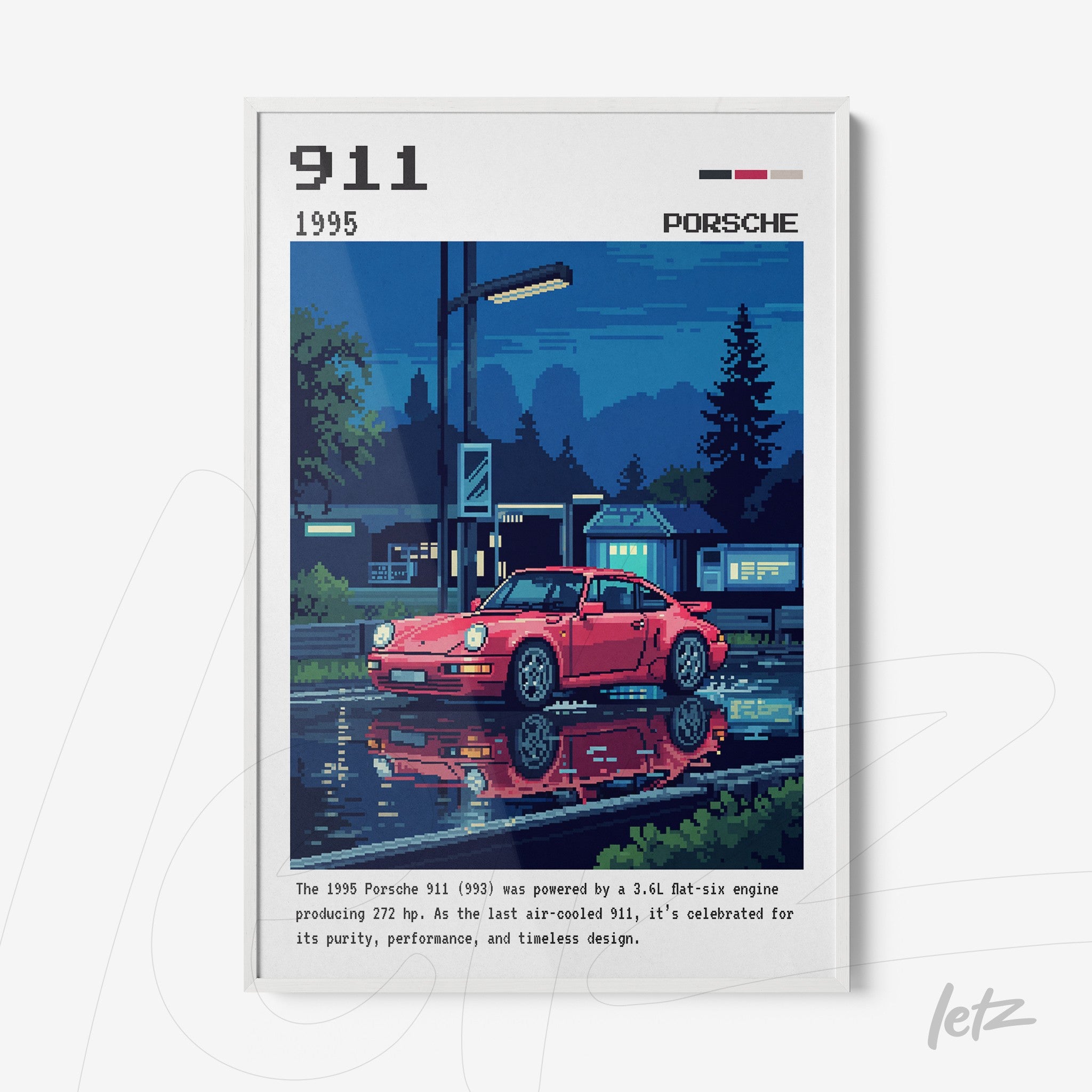 retro style wall art featuring a 1995 red Porsche 911 in a nighttime scene with reflections on water and soft lighting