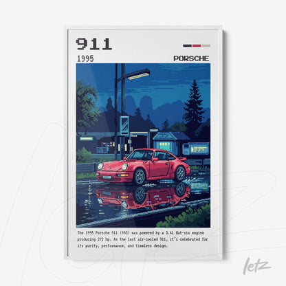 retro style wall art featuring a 1995 red Porsche 911 in a nighttime scene with reflections on water and soft lighting
