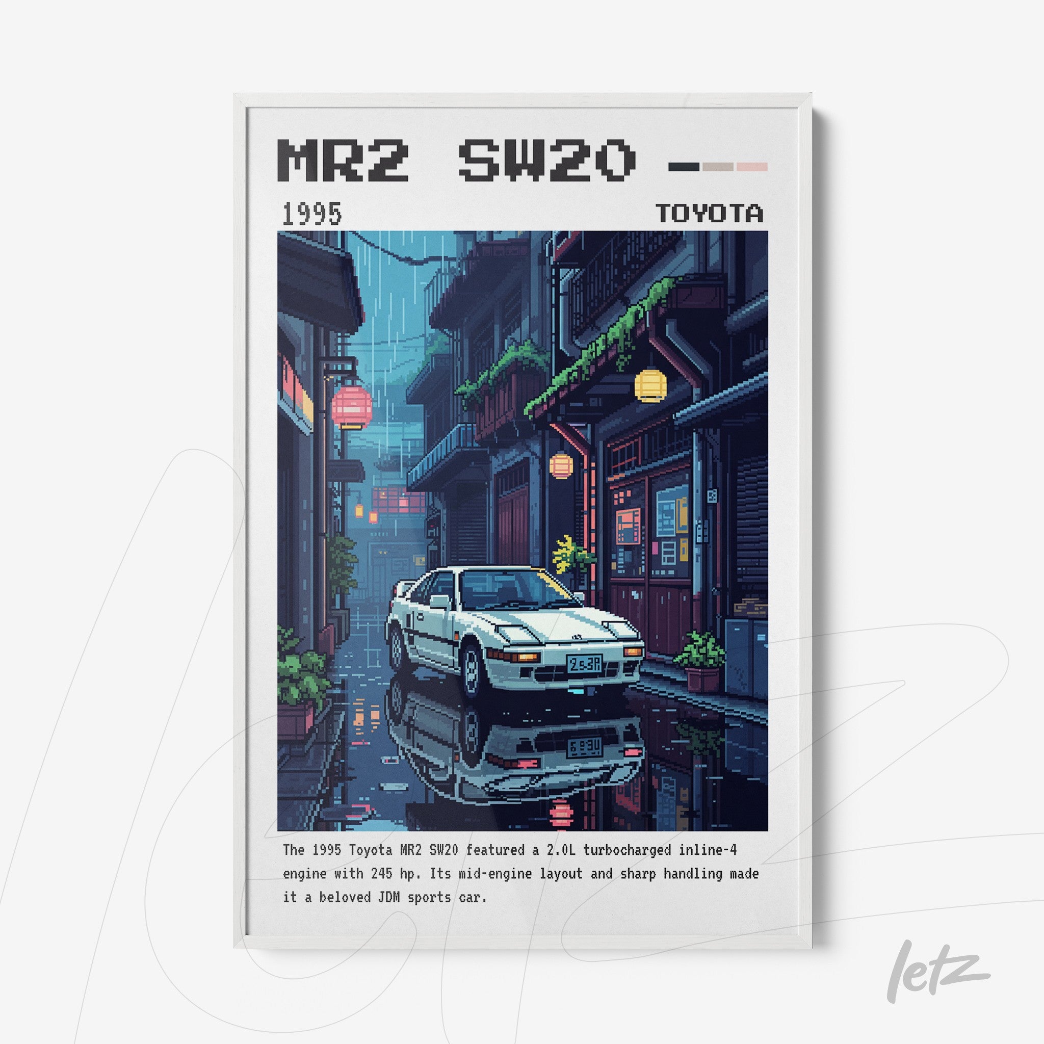 pixel art framed illustration of a Toyota MR2 SW20 sports car in a rainy urban setting with white frame