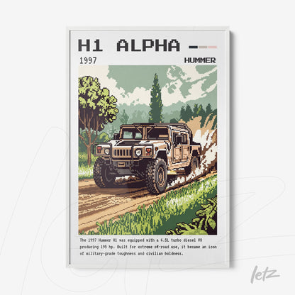 retro style artwork featuring pixelated illustration of 1997 Hummer H1 in white frame