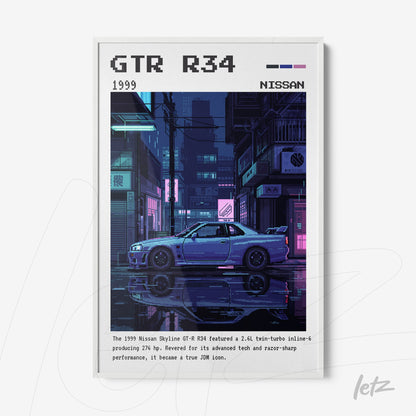 pixel art framed print of Nissan GTR R34 in a nighttime urban scene with neon lights