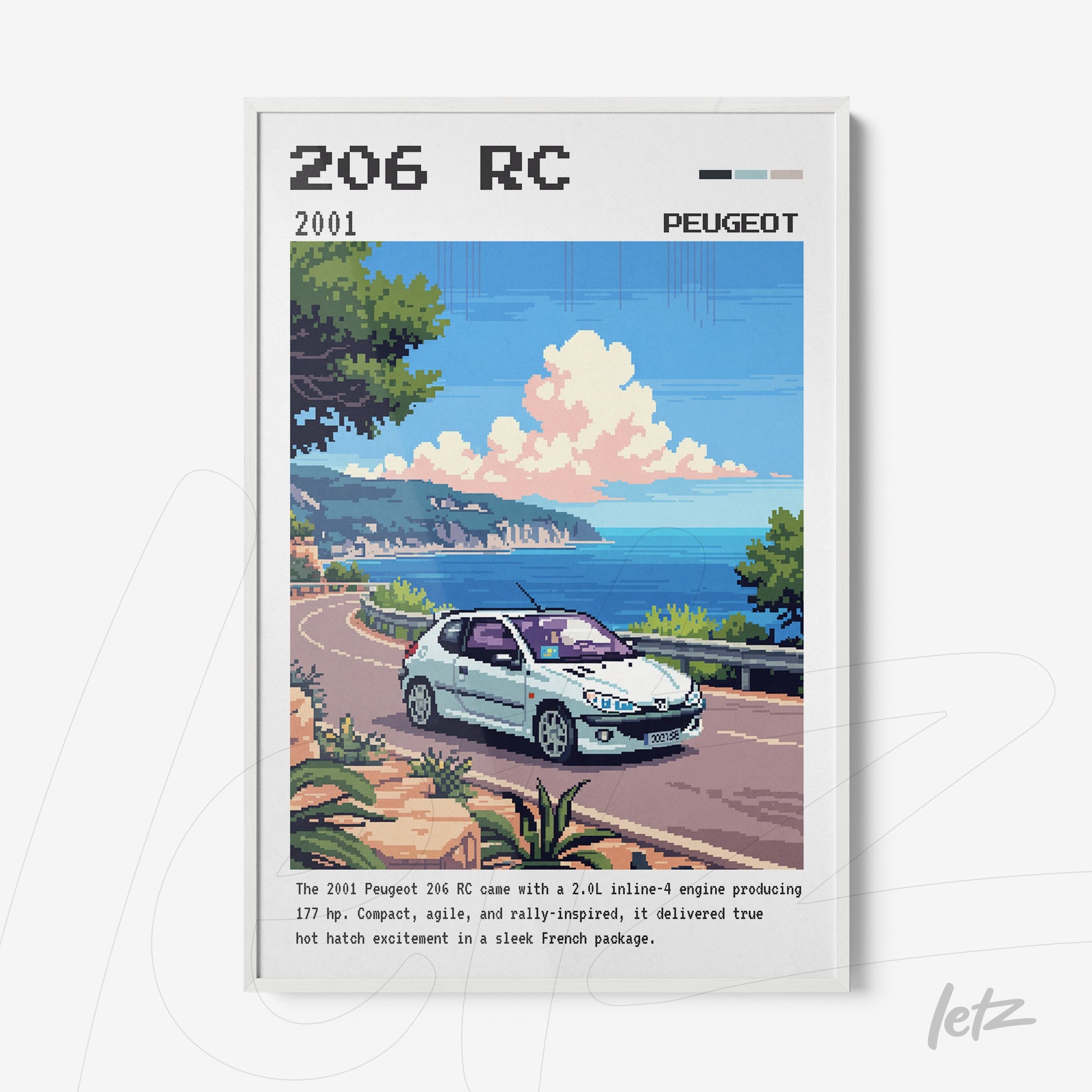 pixel art framed print of Peugeot 206 RC driving along a coastal road with greenery and a blue sea in the background