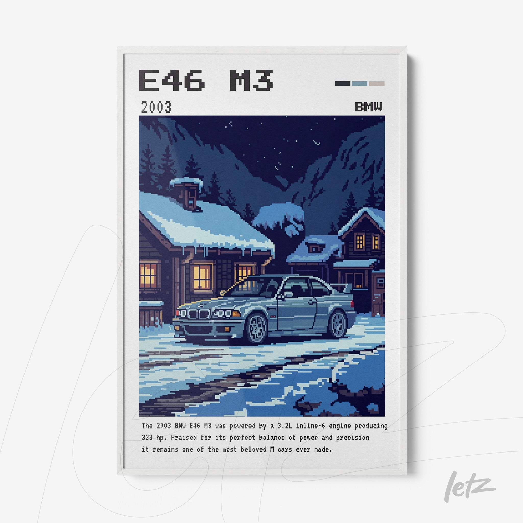 pixel art framed depiction of a BMW M3 E46 in a snowy winter scene with white frame