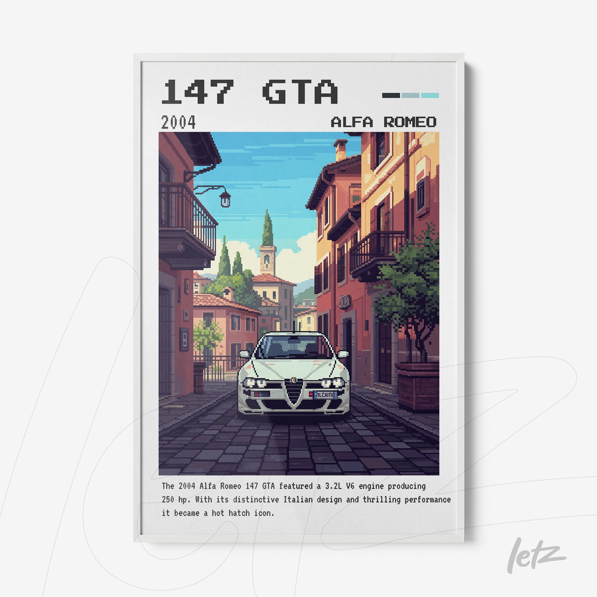 pixel art print of an alfa romeo 147 gta car on an italian street, framed with a white frame