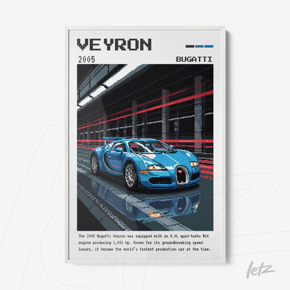 pixel art framed illustration of a blue Bugatti Veyron with white frame
