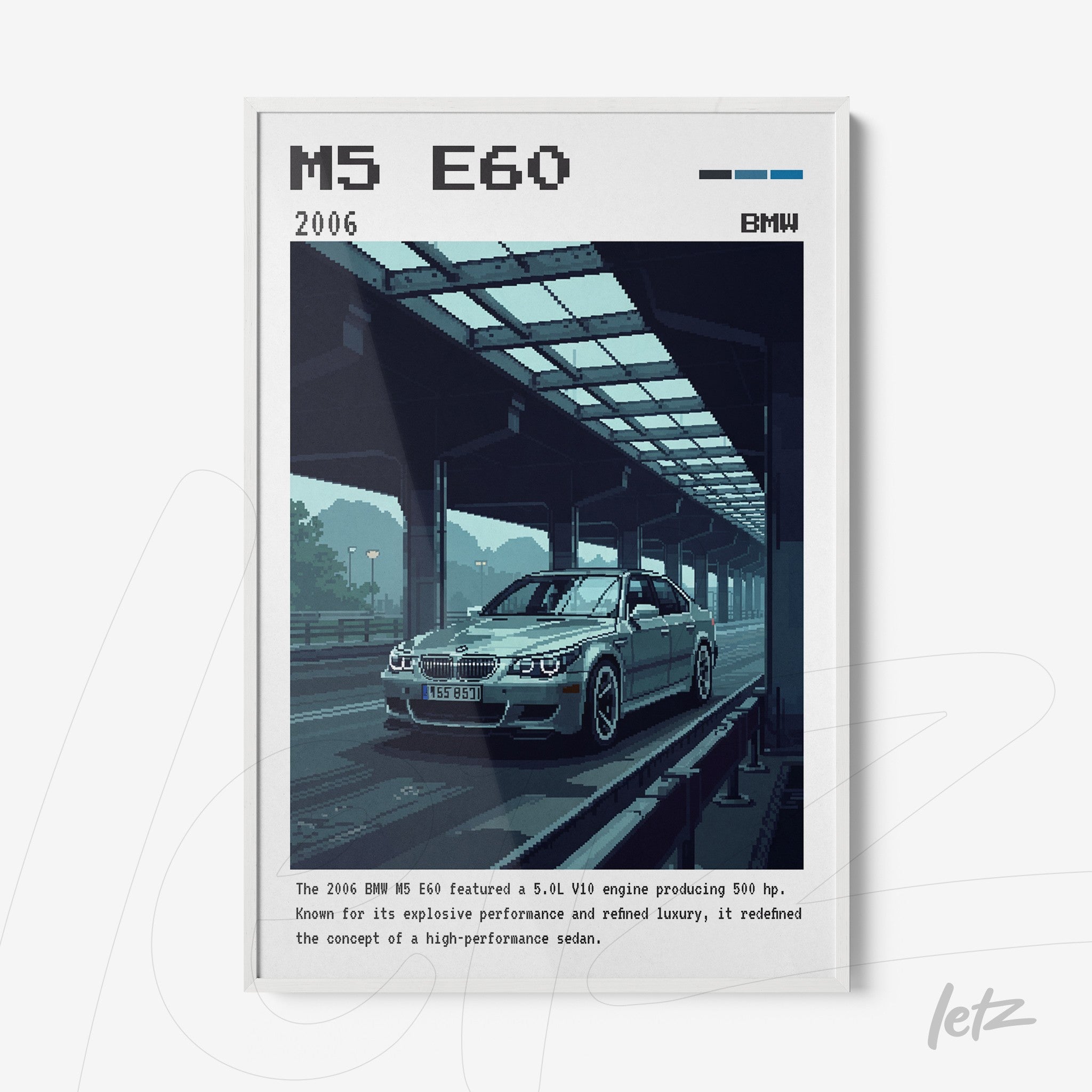 retro style digital art of BMW M5 E60 in white frame